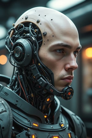 A highly detailed cyberpunk male cyborg with a completely bald head, realistic human features, and intricate mechanical components and wires integrated seamlessly into the head. The cyborg has a mechanical mask covering the mouth and jaw area, and a serious expression. The setting is a dystopian, industrial environment with a soft background blur.