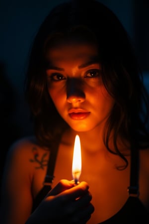 CridLight, 
A close-up portrait of a young woman, captured in a moody, dimly lit setting. She holds a lit candle close to her face, casting a warm glow that contrasts with the surrounding darkness. The woman's gaze is direct and intense, with her dark hair cascading down her shoulders. She wears a dark-colored top, and a tattoo is visible on her left shoulder. The background is blurred, emphasizing the subject, and the overall color palette is dominated by dark tones with bursts of orange from the candlelight. The style of the image leans towards dramatic and evocative, with a focus on the interplay of light and shadow.