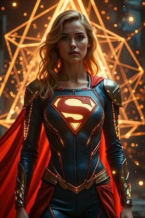 A photorealistic image of supergirl sabcarp based on fictional characters from DC Comics  enveloped in a digital nexus, her costume infused with binary code that flickers with energy the backdrop of intersecting geometric shapes that seem to pulse with a golden glow, representing her power over both the digital and physical realms.

geometric armor plating to her shoulders and chest, with sharp, angular designs that mirror the background aesthetics.Integrate glowing binary code patterns into Supergirl's suit, running along the seams and edges, highlighting her connection to the digital realm.

She stands with one hand raised, palm facing outwards as if signaling to calm down, her expression firm but gentle.
