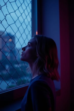 CridLight, 
A moody, atmospheric portrait of a woman captured in a dimly lit setting. She is positioned in front of a large window, which offers a view of a cityscape through a chain-link fence. The woman's gaze is directed upwards, and she appears to be lost in thought or perhaps enjoying the view. The colors in the image are predominantly cool, with blues and purples dominating the scene, contrasted by the warm tones of the woman's hair and clothing. The overall style of the image is evocative and introspective, with a focus on the interplay of light and shadow.