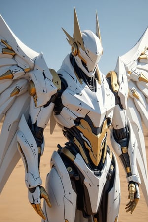 A highly detailed, humanoid robot with an angelic design, featuring sleek, white armor with gold accents. The figure has large, mechanical wings with sharp, angular feathers that catch the sunlight, giving off a divine glow. The helmet is smooth and reflective, with a gold visor that conceals the face, and two small, wing-like extensions on the sides. The body is adorned with intricate gold filigree and mechanical joints, combining elegance with advanced technology. The background consists of a bright, clear blue sky and a vast, sandy desert, emphasizing the figure's divine and otherworldly presence.
