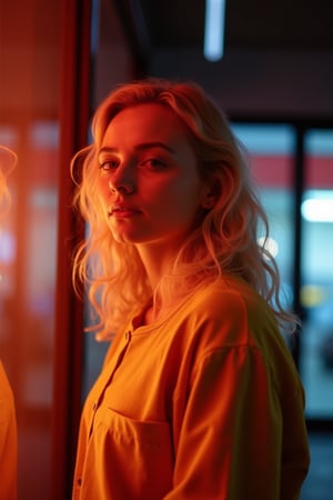 UrbanPhoto,

A portrait of a woman, captured in a side profile. She is illuminated by a warm, ambient light that casts a soft glow on her face and hair, highlighting her wavy blonde hair. The woman is wearing a mustard-colored shirt, and her gaze is directed away from the camera, creating a sense of introspection. The background is blurred, with a mix of red and blue hues, suggesting a modern or artistic setting. The overall mood of the image is serene and contemplative, with the play of light and shadow adding depth and dimension.