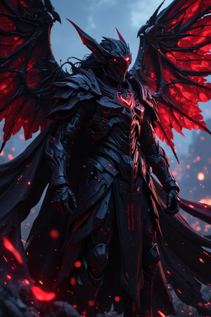 masterpiece, best quality, official art, (hand by Guido Daniele), extremely detailed CG unity 8k wallpaper, 1men, dark clad, solo, mecha musume, extremely long black hair, , black armor, dark red glow, black wings,  , flying, night sky, skyline