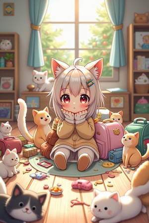 A whimsical masterpiece of a kawaii scene: a petite, big-eyed girl with adorable cat ears and a sweet smile, many cat around her, dressed in a cozy outfit, sits on the floor amidst a colorful array of scattered items from her overflowing ransel bag, as if she's about to start an adventure.,ExStyle