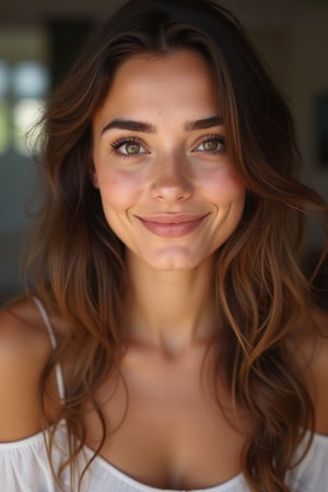 1 young woman, in her 20s, beautiful detailed eyes,beautiful detailed lips, happy face,long eyelashes,brown hair,light and delicate pink blush,sparkling eyes,happy smile, full-body visible,  (((full-body_portrait))), Marlene Favela