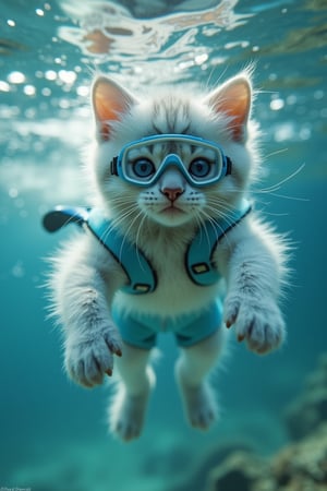 cinematic film still ((BBC Style)) picture of a cute white baby kitten mobster in (wildlife) , swimming in the ocean under the water, white and grey fur, thick matted fur, blue eyes, wearing shorts and goggles over the eyes, with a snorkle and flippers, shallow depth of field, vignette, highly detailed, high budget, bokeh, cinemascope, moody, epic, gorgeous, film grain, grainy, high quality photography, 3 point lighting, flash with softbox, 4k, Canon EOS R3, hdr, smooth, sharp focus, high resolution, award winning action photo, jumping photo, 50mm, wide angle shot, looking_away from the camera, full_length, f2.8, bokeh , side_view, shot as underwater scene
