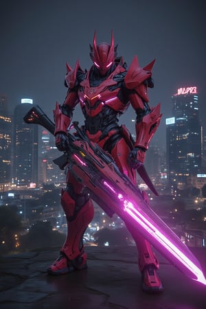 a mecha neon red robot with anubis helm style with wearing a futuristic crowm, repredentating a earrior using a giant glowing purple hologram rifle in the night city of Kuala Lumpur. with a dynamic pose. low key view, the blade nwar on it helmet.