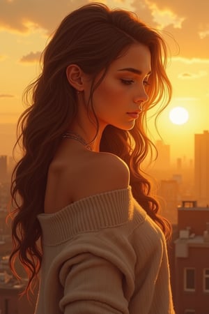 Ar89,concept art,

A portrait of a woman captured in a side profile, bathed in the warm glow of the setting sun. She stands on a rooftop, with the sun casting a golden hue over the scene. The woman's wavy hair flows freely, and she wears a light-colored sweater. The background reveals a cityscape with buildings, and the overall color palette is dominated by warm oranges, yellows, and browns, creating a serene and contemplative atmosphere.