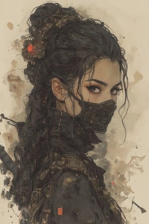 Ar89,concept splash art, ink on rice paper, breathtaking detailed, masterpiece, awe-inspiring, radiant, magnificent, stunning oriental woman, long hair, mouth veil, assassin, black robes, weapons, silhouetted, light hitting face