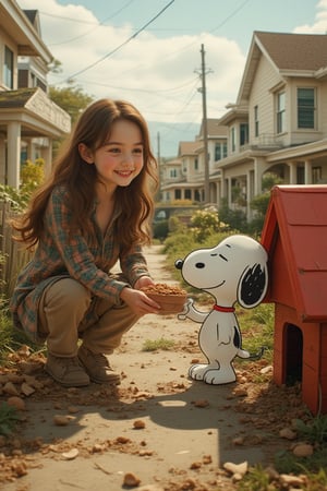 A scene in a suburban neighborhood showing a real young woman with long wavy brown hair smiling as she brings a bowl of dog food to an animated Snoopy outside of his dog house 