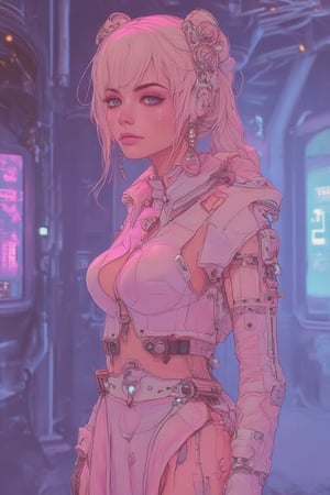 Ar89,concept art  A beautiful blonde female pop artist all pastel sleek futuristic outfit, with chandelier earrings, clean makeup, with depth of field, fantastical edgy and regal themed outfit, tracer from overwatch, captured in vivid colors, embodying the essence of fantasy, minimalist