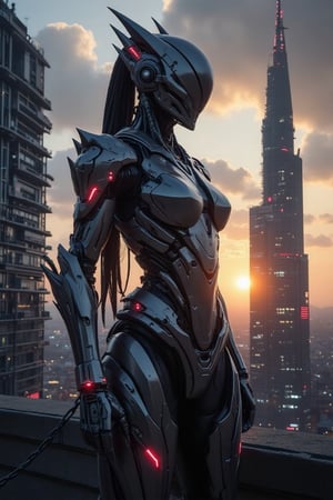 A futuristic cityscape at dusk. A cyborg warrior, half-girl, half-animal, stands tall with an exo-keleton, its mechanical limbs glistening in the fading light. Her BionicSkin gleams like polished steel as she gazes out upon a distant horizon, her eyes aglow with an inner fire. Fantasy_ master_023 has crafted this mechanized marvel amidst towering skyscrapers and neon-lit streets, where humanity meets technological innovation.
