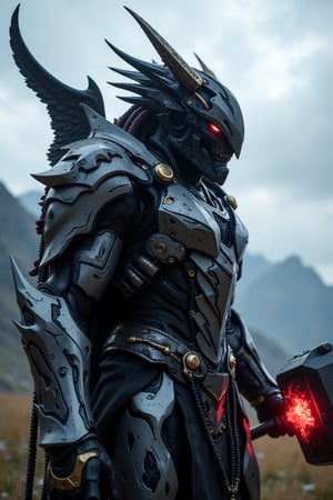 worm eye view, like hero pose in a war-torn city street a highly detailed, humanoid with intricate, grey matte armor adorned with tribal-like elements, including ropes, beads, tentacles and wings. the armor is a blend of dark grey, grey, and white, featuring complex mechanical components and engraved patterns. the figure's head is covered by an ornate helmet with horns and a mask, and its body is decorated with layered ornaments and beads. the backdrop is a urban cyberpumk building night  scene, with the camera focusing on the profile, capturing the craftsmanship of the design.from a behind low view,a tall, armored figure standing in a grassy field beneath a cloudy sky, wearing sleek black and silver futuristic armor with sharp, angular edges. the figure holds mjolnir hammer, glowing red energy large hammer, their hammer emitting a vivid red flaming. the camera is positioned at a low angle to emphasize the figure's height and dominance. distant mountains and a dark, overcast sky create a moody, ominous backdrop.