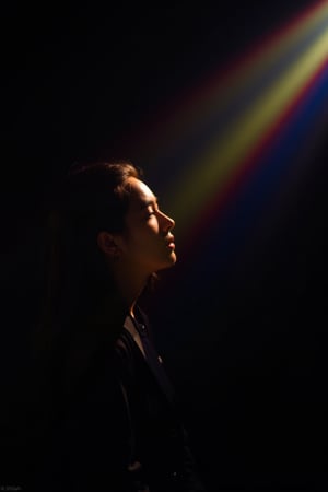 CridLight, 
A moody, atmospheric portrait of a person, captured in a side profile. The subject is illuminated by a radiant beam of light that cuts across the scene, casting a spectrum of colors ranging from deep reds and purples to bright blues and yellows. The person's pose is contemplative, with their head tilted upwards and eyes closed, suggesting a moment of introspection or wonder. The individual is dressed in a dark, possibly black, outfit that contrasts with the luminous background. The lighting creates a dramatic and ethereal atmosphere, emphasizing the interplay of light and shadow. The background is dark, which accentuates the luminosity of the light and the subject, creating a sense of depth and dimension. The overall style of the image is evocative and evocative, with a focus on mood and atmosphere over detailed realism.