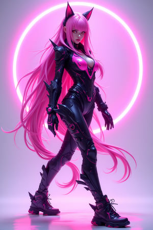 A vivid digital artwork portraying a futuristic female character with long, flowing pink hair and cat-like ears. She is adorned in a sleek, black and pink suit with intricate patterns and designs, complemented by matching gloves and boots. The character is posed in a dynamic stance, with one hand extended forward and the other resting on her hip. The background is a gradient of soft purples and pinks, with a circular, neon-like light effect radiating from the character, creating a sense of motion and energy. The overall style of the artwork leans towards cyberpunk, characterized by its high-tech, dystopian aesthetic.