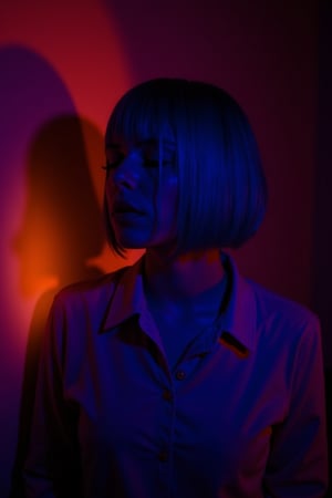 CridLight, 
A moody, atmospheric portrait of a person bathed in a neon-lit ambiance. The subject is captured in a side profile, with their face turned slightly downward, eyes closed, and lips slightly parted. The lighting casts a dramatic shadow of the subject onto the wall behind them, creating a stark contrast with the surrounding darkness. The person's hair is a striking shade of blue, contrasting with the warm orange glow emanating from the background. They are dressed in a simple, light-colored top with a collar, and the overall color palette is dominated by deep blues, oranges, and reds. The image exudes a sense of introspection and mystery, with the play of light and shadow adding depth and drama.