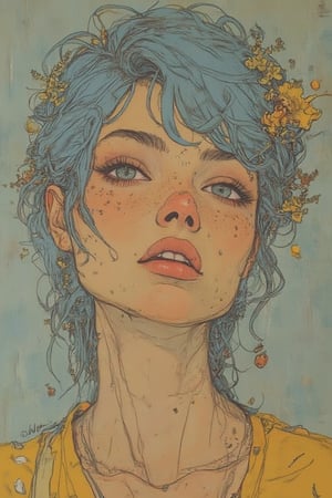 Ar89,concept art Photo of a young woman with pastel blue hair, natural-looking, yellow eyeshadow, pale skin, freckles, pastel colors