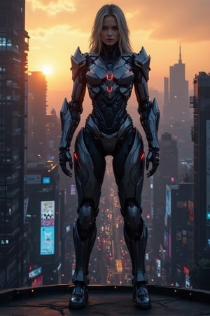 A sweeping aerial shot frames the cyborg warrior's statuesque pose amidst a kaleidoscopic cityscape at dusk. Soft, golden light casts long shadows across sleek skyscrapers and neon-lit billboards as she stands tall, her exo-keleton glistening with metallic sheen. Her eyes aglow seem to pierce the horizon, while BionicSkin reflects polished steel's shine in the fading light, set against a vibrant backdrop of city lights and towering architecture, with towering skyscrapers and bustling streets below.
