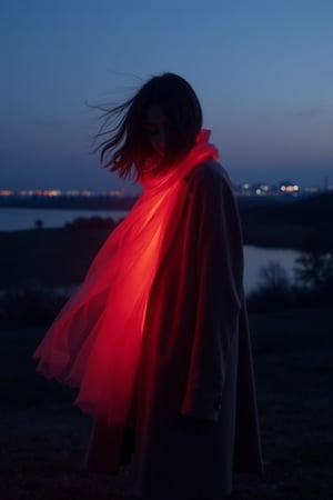 CridLight, 
A moody, atmospheric portrait of a person standing outdoors during twilight. The subject is captured from behind, with their face obscured by a glowing red scarf that drapes around their neck and shoulders. The scarf emits a soft, ethereal glow, contrasting with the cool, muted tones of the surrounding environment. The person is dressed in a long, dark coat, and their hair flows freely, adding to the sense of movement. The background reveals a serene landscape with a body of water reflecting the twilight sky, and a distant city skyline is faintly visible. The overall color palette is dominated by cool blues and purples, punctuated by the warm red of the scarf. The style of the image leans towards contemporary portraiture, with a focus on mood and atmosphere over detailed realism.