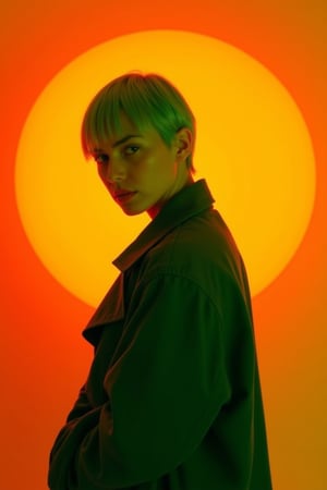 CridLight, 
A portrait of a person with a striking appearance, set against a vivid backdrop of a large, glowing orange circle. The subject's hair is a vibrant shade of green, contrasting sharply with the warm hues of the background. The person is wearing a green trench coat, and their pose is contemplative, with their gaze directed away from the camera. The overall style of the image is contemporary, with a focus on color and lighting to create a moody atmosphere.