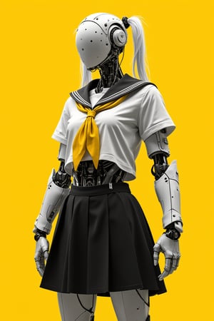 a humanoid robot with pigtails is dressed in a school uniform, featuring a white sailor-style top with a yellow scarf and a black skirt. the robot's mechanical parts are visible beneath the clothing, with intricate details on the large arms and torso, including gears, wires, and metal plating. the background is a bold, solid yellow, contrasting sharply with the robot's monochrome and metallic tones. the overall design blends elements of both traditional school attire and advanced robotics, creating a striking and unique visual.