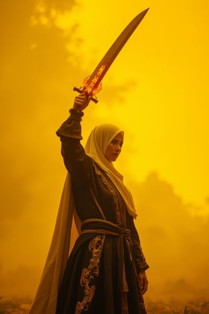 A cinematic film still captures an intense moment from ancient srikandi Malay folklore, set against a vast and majestic yellow background that seems to stretch on forever. A woman clad in traditional attire wears a white hijab and black warrior cloth adorned with intricate silat patterns as she holds aloft a large, gleaming blade with glowing orange accents. The shallow depth of field creates an intimate focus on the subject while blurring the expansive backdrop into soft haze. Vignette effects subtly enhance the cinematic feel by darkening the edges of the frame and drawing attention to the central action. Highly detailed textures and patterns adorn every aspect of the scene, from the intricate designs on her clothing to the majestic blade in her hand. The image is rendered with a high budget aesthetic, complete with lush bokeh and cinemascope framing that immerses the viewer within this epic world. A moody atmosphere pervades the entire composition, punctuated by subtle film grain and grainy textures that evoke the timeless feel of classic cinema.