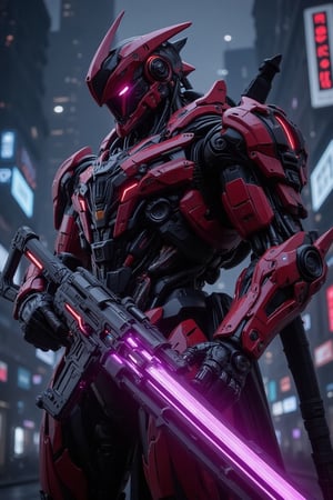 a mecha neon red robot with anubis helm style with wearing a futuristic crowm, repredentating a earrior using a giant glowing purple hologram rifle in the night city of Kuala Lumpur. with a dynamic pose. low key view, the blade nwar on it helmet.