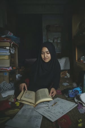 A distressed Malay teenager sits amidst the chaos of her cluttered bedroom, her face contorted in frustration as she gazes down at a book in close-up shot. Messy piles of textbooks, papers, and stationery surround her, with scattered notes and crumpled pages creating a sense of disarray. The dimly lit room adds to the tense atmosphere, casting shadows on her anguished expression.