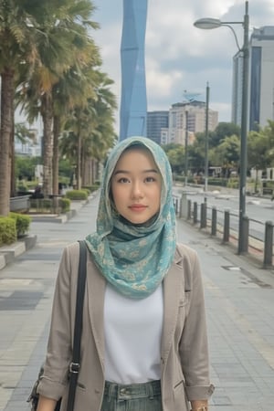 a young Asian woman walking near the MERDEKA TOEER at kuala Lumpur City.
that Asian women (efamint) is wearing a stylish mint green hijab and long scarf is stunning. She is wearing a white  shirt with a  stylish slim fit grey coat and accessories. The woman's eyes are a hazel color, and her lips are a light pink. Her scarf is cascading down her shoulders, adding a pop of color to her face. she is carrying a hand bag and walking at the walkway next to a street under the pine tree.
The background is blurred, creating a soft focus on the woman's face.  the background featuring a vibrant Kuala Lumpur city with KLCC, KL Tower, Tun Razak Exchance and PNB merdeka 118 in one frame,HDR