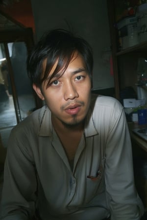 Close-up shot of a stressed Malay young man's face lit by a falsh light amidst chaos: his messy hair disheveled, worn-out office clothes wrinkled, and worried expression etched with furrowed brows, red-rimmed eyes, and defined jawline. Intricate facial features stand out, including sharp eyebrows, prominent nose, and detailed facial hair. Framing shot at eye-level, capturing the intensity of his gaze amidst cluttered workspace.