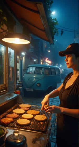 A woman with a cap stands behind a burger stall in a bustling back alley, illuminated by a spotlight that casts a warm glow on her face and highlights the sizzling patties on the grill. She expertly cooks a juicy burger as the scent of savory goodness wafts through the air. In the background, a classic van is parked, its vintage charm adding to the urban ambiance.