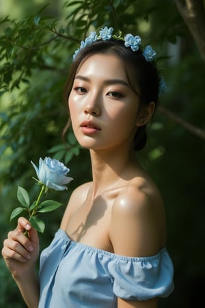 Close up young women, elegeance pose, wearing light blue flower crown, light blue dress, holding a blue rose, tree's shadows fall on her face,  pose behind the foliage