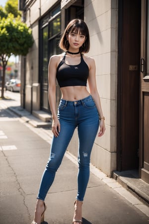 (Best Quality, 8k, 32k, Original Photo, Photorealistic, Ultra HD: 1.2), Realistic Rendering, looking at viewer, straight bob with long bangs, 16yo slender Korean fitness model, extremely slender, tight body, sexy pose, evil smile, extremely slim waist, choker, massive hoop earrings,(skin tight crop top, skin tight low jeans), stiletto high heels, masterpiece, best quality, photorealistic, high resolution, 8K raw photo,