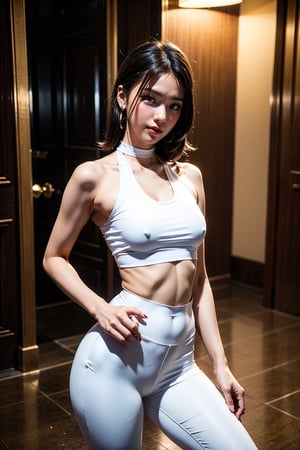 (Best Quality, 8k, 32k, Original Photo, Photorealistic, Ultra HD: 1.2), Realistic Rendering, looking at viewer, straight bob with long bangs, 16yo slender Korean fitness model, extremely slender, tight body, sexy pose, evil smile, extremely slim waist, choker, massive hoop earrings,(halter backless crop top, low cut skin tight leggings), stiletto high heels, masterpiece, best quality, photorealistic, high resolution, 8K raw photo,