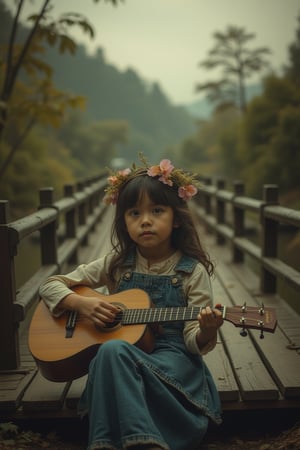 clasic analogue pictures, a cute little girl at the river bridge , hold a ukelele, dramatic, 
