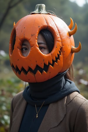 a korean girl wearing a full helmet made by hollow raw pumpkin 