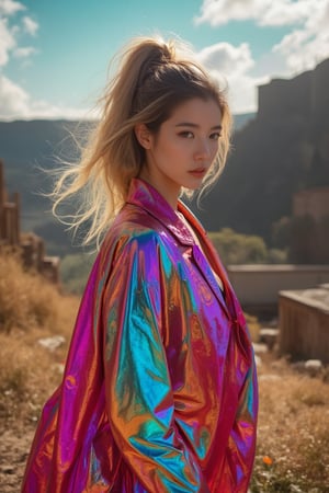 A mesmerizing scene unfolds: a stunning Scandinavian-Korean model stands in a sun-dappled clearing, surrounded by the vibrant hues of cyberpunk ruins. She wears a gleaming metallic PVC trench coat, its multi-neon colors shimmering in the light. Her long, straight blonde hair cascades down her back, with loose curls framing her porcelain doll-like face. A gentle breeze tousles her ponytail as she gazes directly at us, her inviting smile and slightly parted lips exuding effortless allure. Her wide, long pants and neon-hued lipstick create a striking contrast against the ruins' dark backdrop, while Halloween-inspired makeup adds an air of mystery to her enchanting presence.