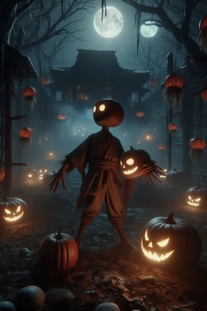 Gscore_9, score_8. masterpiece, spooky image of 化け物, 一つ目小僧 (a boy ghost with one eye yukata holding a skull  (screaming ), set in an old abandoned Japanese shrine at night, dark foreboding atmosphere DarkHalloween