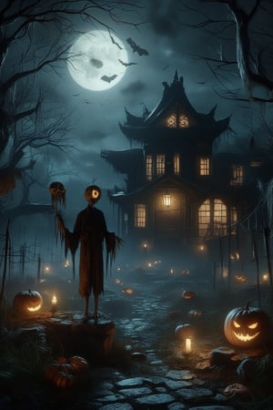 Gscore_9, score_8. masterpiece, spooky image of 化け物, 一つ目小僧 (a boy ghost with one eye yukata holding a skull  (screaming ), set in an old abandoned Japanese shrine at night, dark foreboding atmosphere DarkHalloween,Tim Burton Style