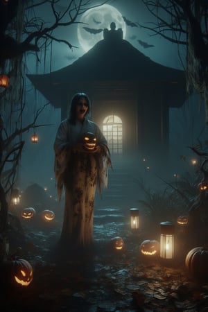 Gscore_9, score_8. masterpiece, spooky image of 化け物 (a female ghost with a rotting face open white yukata holding a skull  (screaming ), set in an old abandoned Japanese shrine at night, dark foreboding atmosphere DarkHalloween