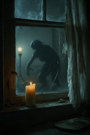 A dark, disturbing close-up image of an external view of a  dusty window with a tattered white curtain to the side, set in an old haunted house. Interior to the window, sitting on the windowsill, is a lit candle dripping wax down the side. In the background outside that room is just visible a haunting zombie in the candlelight.  It is night, and the dimly-lit scene is dark and foreboding.,DRK