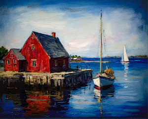 A fine art oil painting, masterpiece, ultra-high resolution, sharp focus, crystal clear, vivid, high clarity, defined edges, ultra-sharp textures, subsurface scattering. The painting is rendered in ultra-high definition, with sharp textures and defined edges. The image is crystal clear and vivid, emphasizing crisp brush strokes throughout the scene. Subsurface scattering is used to enhance realism, adding depth to the textures, and the entire composition is meticulously focused on achieving ultra-sharp textures and visual clarity.", "a fine art oil painting", "claude monet, impressionism, at rockport harbor