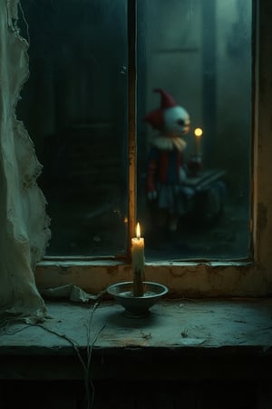 A dark, disturbing close-up image of an external view of a  dusty window with a tattered white curtain to the side, set in an old haunted house. Interior to the window, sitting on the windowsill, is a lit candle dripping wax down the side. In the background outside that room is just visible a haunting circus clown in the candlelight.  It is night, and the dimly-lit scene is dark and foreboding.,DRK