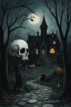 Gscore_9, score_8. masterpiece, spooky image o (a ghost with  one eye holding a perfect skull  (laughing ), set in an old abandoned mansion at night, dark foreboding atmosphere DarkHalloween, Tim Burton Style