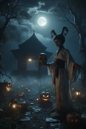 Gscore_9, score_8. masterpiece, spooky image of 化け物 (a female ghost with a rotting face open white yukata holding a skull  (screaming ), set in an old abandoned Japanese shrine at night, dark foreboding atmosphere DarkHalloween