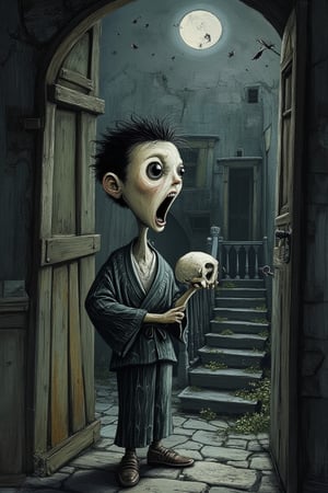 Gscore_9, score_8. masterpiece, spooky image of 化け物, 一つ目小僧 (a boy ghost with one eye yukata holding a skull  (screaming ), set in an old abandoned mansion at night, dark foreboding atmosphere DarkHalloween,Tim Burton Style