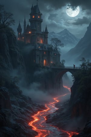 Create a dark fantasy story set in a world where:

- An ancient gothic castle perches precariously on the edge of a misty ravine
- A river of glowing red lava flows beneath the castle, casting an eerie light
- Fog and mist swirl around jagged mountain peaks in the background
- A full moon illuminates the night sky, partially obscured by ominous clouds
- a dark knight on horse crossing a bridge
-  set in an old abandoned Japanese shrine at night, dark foreboding atmosphere
- The castle's windows glow with an unnatural orange light from within
- The atmosphere is foreboding, suggesting dark magic and supernatural forces at work

Focus on a protagonist who must infiltrate this sinister castle to confront an ancient evil that has awakened. Describe the treacherous journey to reach the castle and the horrors that await inside its twisted corridors and chambers.