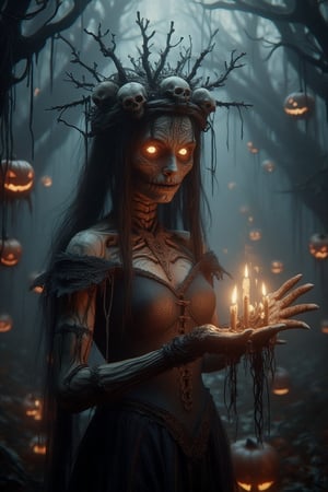 Generate hyper realistic image of a dark, haunting woman with macabre and mystical features. Her face is eerie and skeletal, covered in intricate patterns that resemble roots and vines, giving it a decaying, earthy appearance. Her eyes glow a bright, fiery orange. She is wearing crown-like headpiece made of twisted branches and skulls. The branches fan out from her head, some of them resembling gnarled tree roots, while numerous skulls are embedded within the design. Her clothing is dark and lacy, resembling an ancient, decayed wedding dress. The delicate lace details are contrasted by the rough, bark-like textures that blend into her skin. Her hands are elongated and bony, with sharp, claw-like fingers. Her body is mostly obscured by her dark clothing and the glowing energy she manipulates. The background is dark and shrouded in mist, with faint outlines of twisted trees and decaying branches.,Magicallights,divinelights DarkHalloween