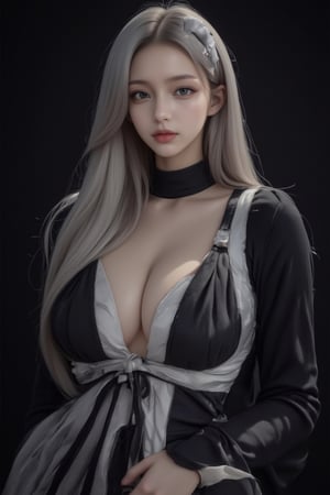 masterpiece, best quality, ultra-detailed, ultra high res, realistic lighting, 
BREAK
(three-quarter body:1.5), 1girl, solo, golden ratio, long hair, white hair, blue eyes, detailed oily skin, looking at viewer, (maid, black and white maid uniform, black stockings, white maid headband), 
Japanese girl, beautiful android, balanced and symmetrical face, 
(black background:1.2), FuturEvoLab, FuturEvoLabgirl, Maid uniform, 