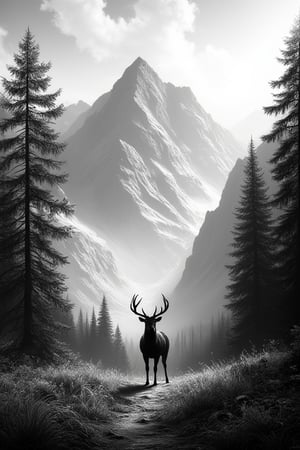 Black and white: a tall pine tree forest on the slopes of a high mountain range. A lot of trees at the slopes fit in image. Sides should be empty and trees should be completely in scene. The silhouette of a deer standing at the beginning of the path at the entrance of the forest, looking at the mountain.